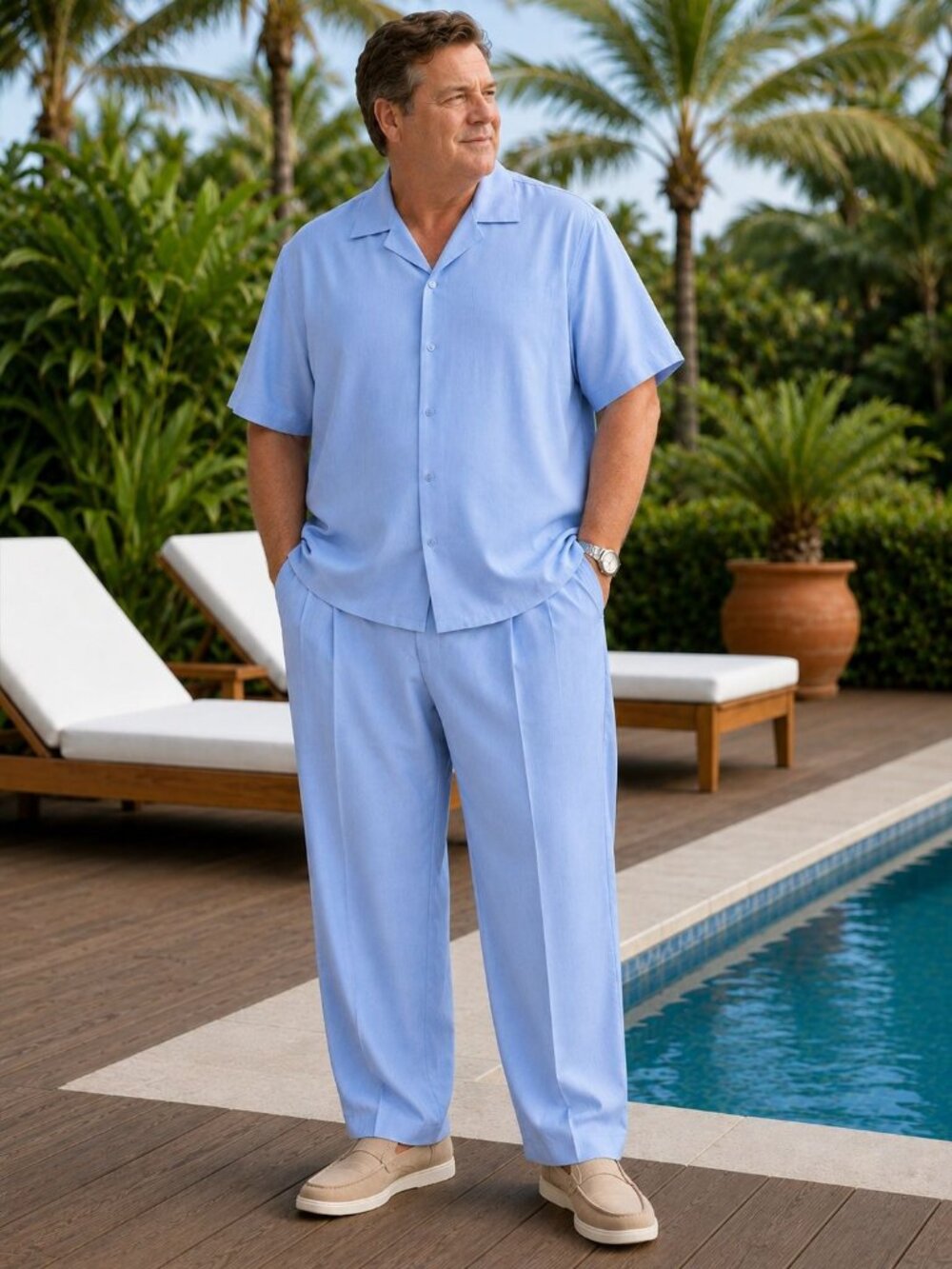 Smokey Joe's Bruno 2XL Linen Look 2 Piece Blue SS Shirt Pleated Pants Set